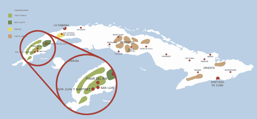 Karte von Kubas Tabakanbaugebieten mit Fokus auf Pinar del Río, bekannt für kubanische Zigarren.